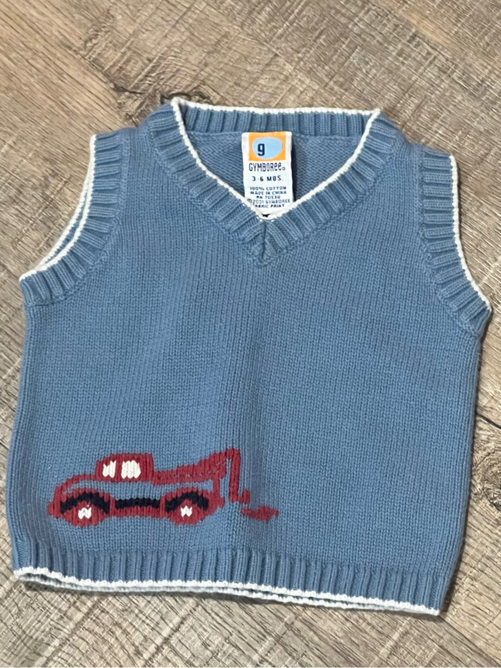 Gymboree boy 3-6 mo Blue Knit Vest with Red Tow Truck vintage